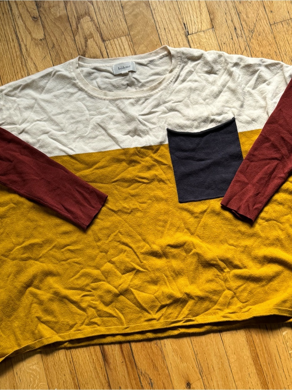 bohme Colorblock Crewneck Sweater in Mustard, Cream & Maroon